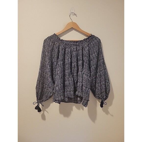 Apiece Apart Glorieta Top Navy Cactus Stripe Print Silk Tassel Tie Sleeves Sz 4 - Picture 4 of 7